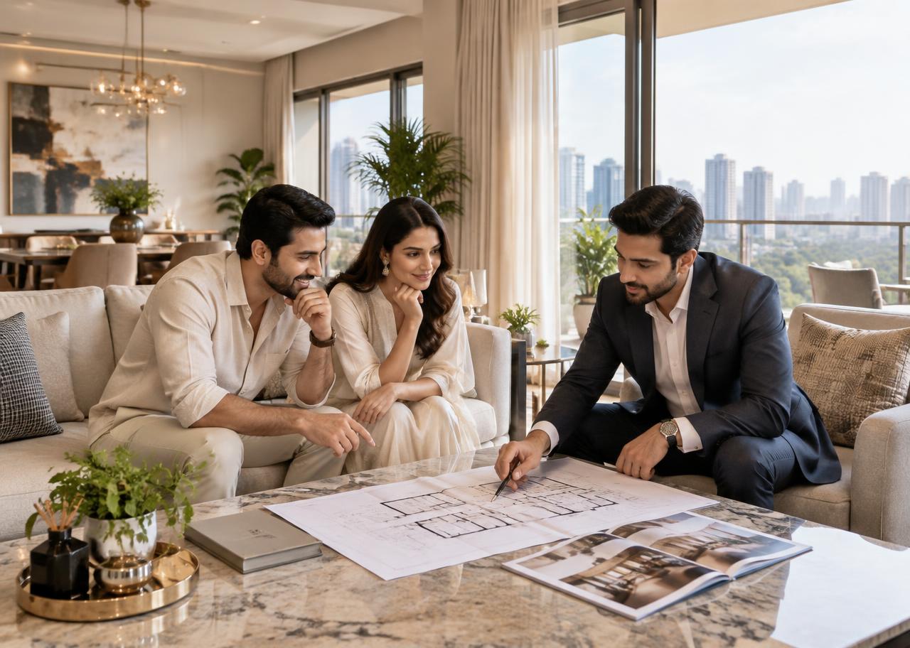 Homebuyers reviewing a residence plan with a property advisor