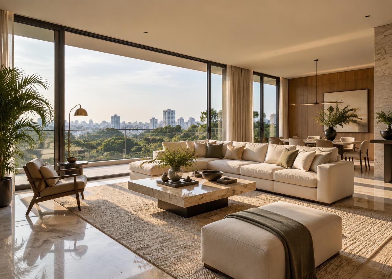 Sunlit premium apartment living room with a city view