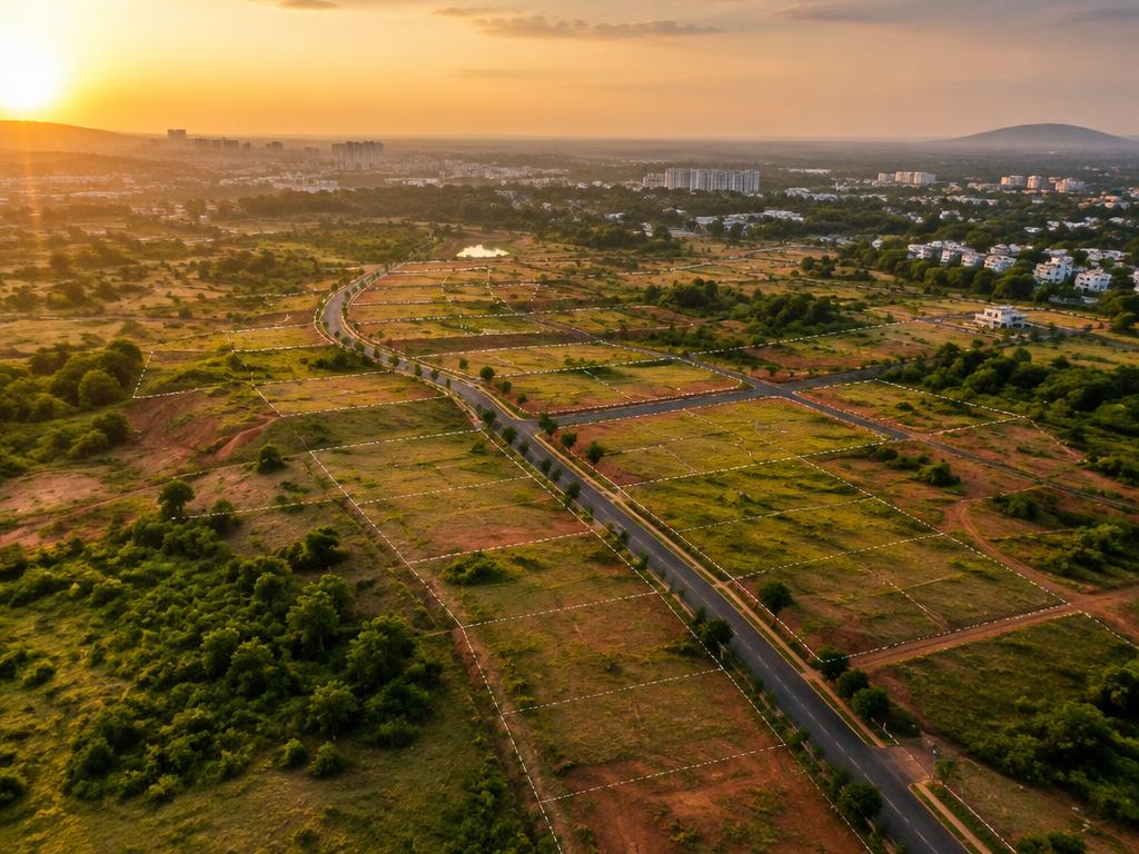 Aerial view of a large open land parcel at golden hour